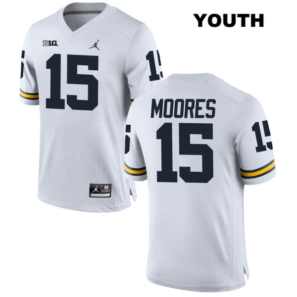 Youth NCAA Michigan Wolverines Garrett Moores #15 White Jordan Brand Authentic Stitched Football College Jersey CX25F02YU
